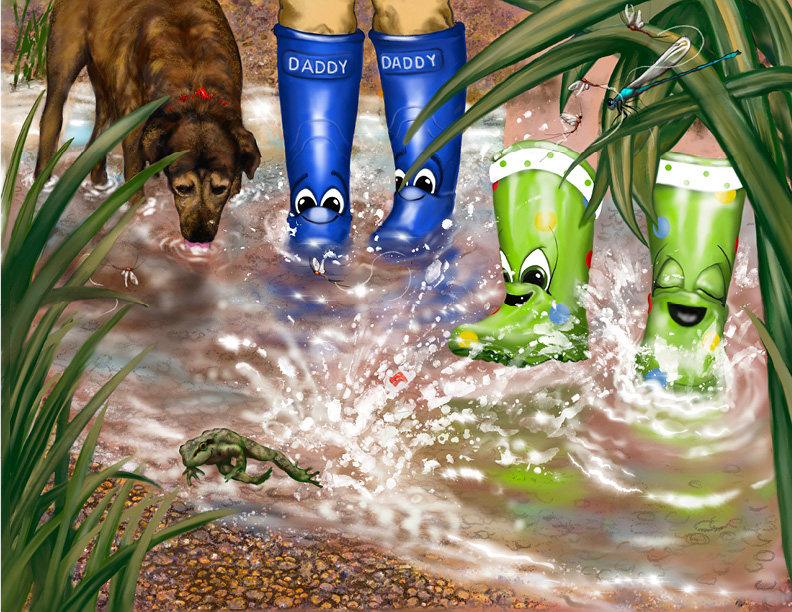 The Wonderful World of Wellies. Ollie & Ellie enjoy splashing in the stream as a frog leaps out of the way.